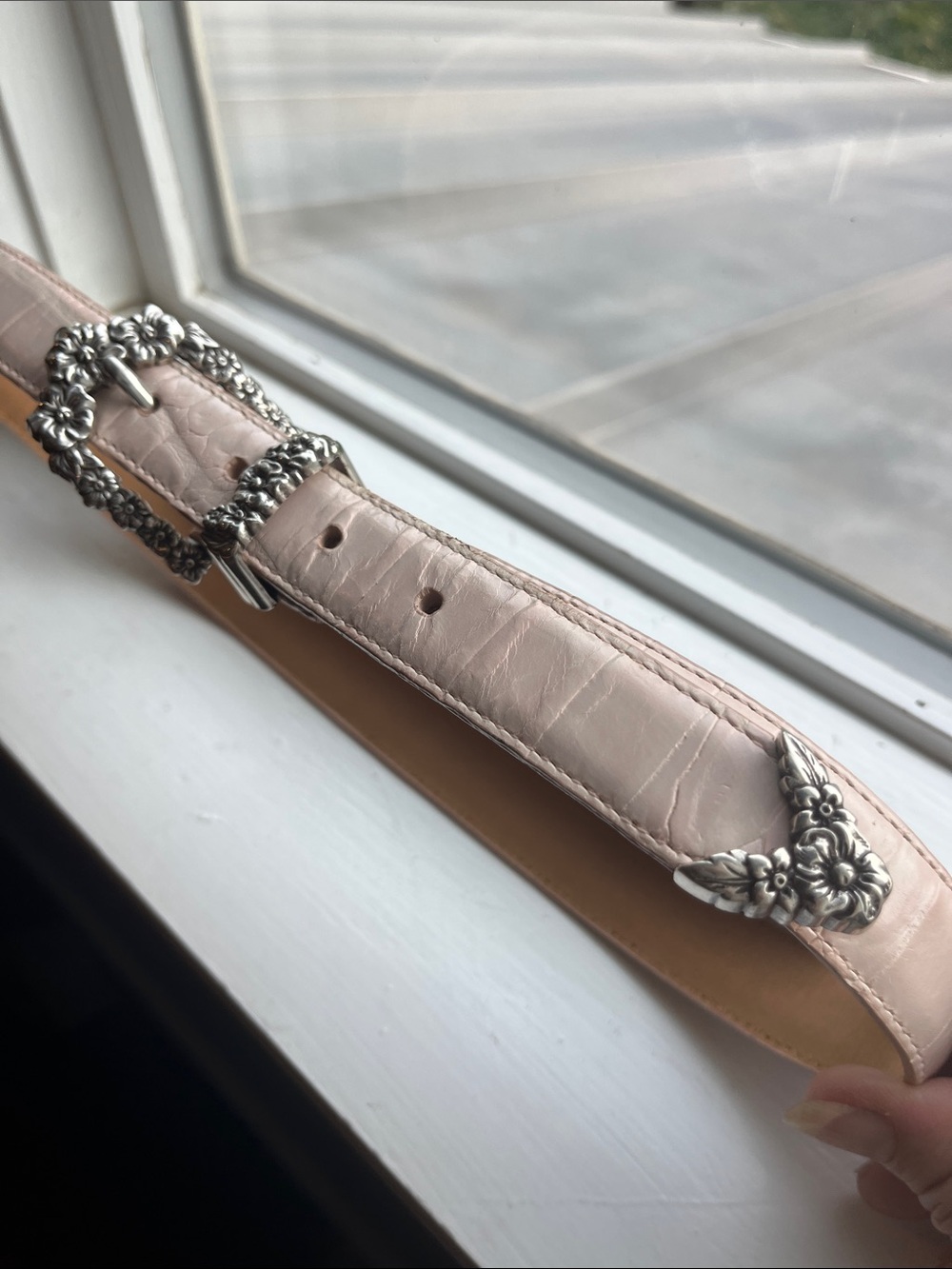 Nocona Pale Pink Leather Belt with Silver Flowers  Buckle